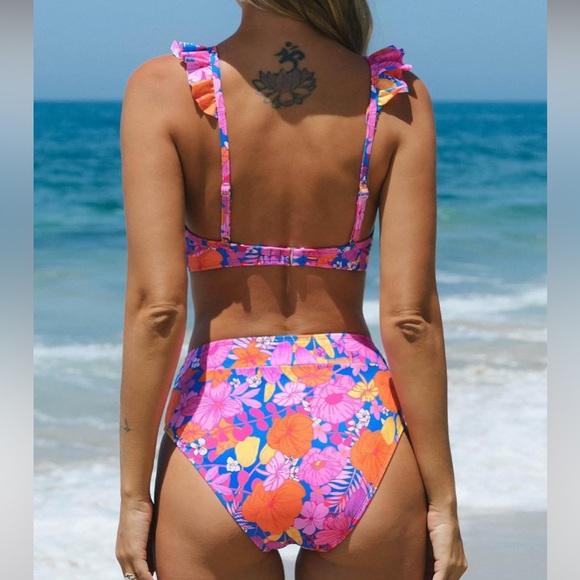 ~Bikini Sets 2 Piece Swimsuit High Waisted Bottom Floral Print Ruffle V Neck~ - Picture 7 of 9